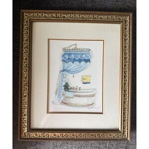 Peggy Abrams Watercolor Print Bathtub/shower w/Blue Curtains Gold Framed 12x14”